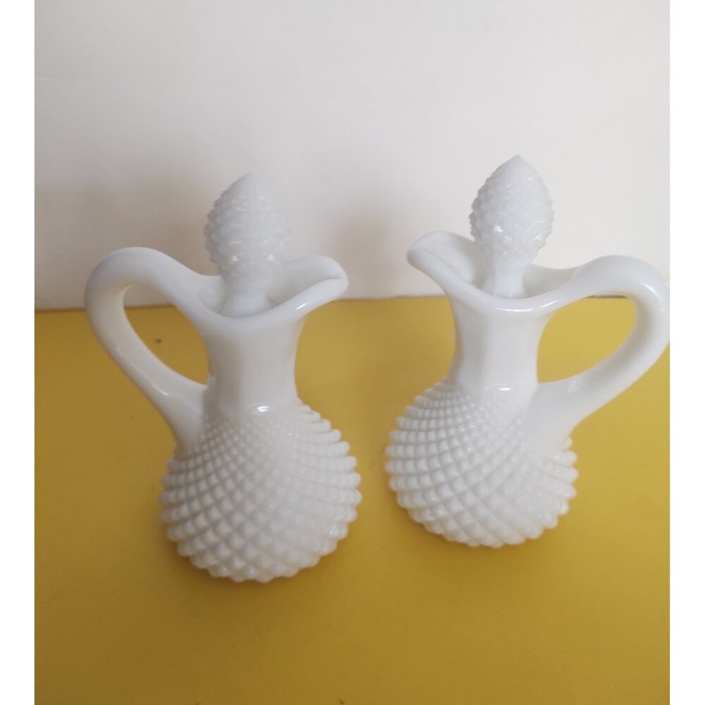 Vintage Westmoreland White Hobnail Milk Glass Oil/Vinegar Cruets With Stoppers